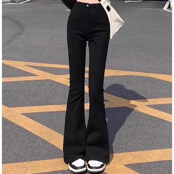 High Waist Slim Fit Bell Bottom Jeans Elastic Denim Pants Women Retro Inspired Soft Stretch
