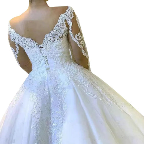 Graceful Tulle Wedding Dress Ball Gown V Neck Full Sleeve