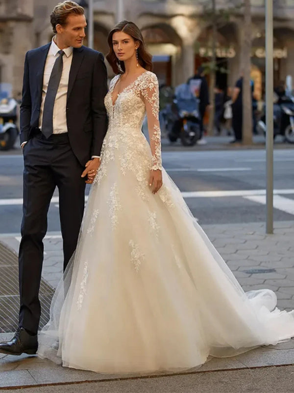 Luxury A Line V Neck Wedding Dresses Long Sleeves Bridal Gowns Appliques Button Back