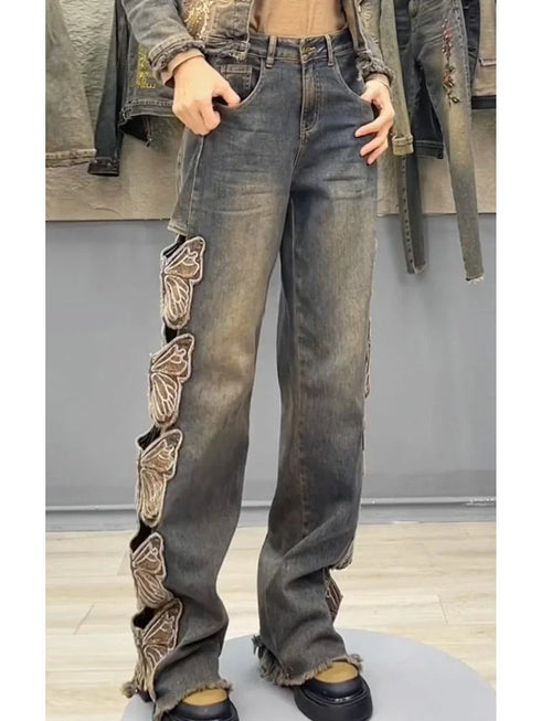 Y2K-Inspired Women's High Waist Denim Pants with Butterfly Embroidery - Loose Fit Straight Ripped Jeans Perfect for Streetwear and Fall Outfits with Jeans