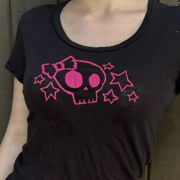 2000s Y2k Harajuku Crop Tops Gothic Letter Print Slim Stitch Graphic Tees Summer Streetwear