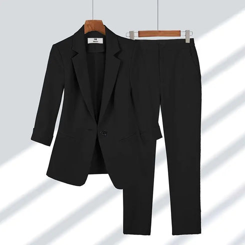 Elegant Women's Casual Blazers Jacket and Slim Fit Pants Two Piece Suit for Professional Summer Wear - Stylish Korean Inspired Outfit Set