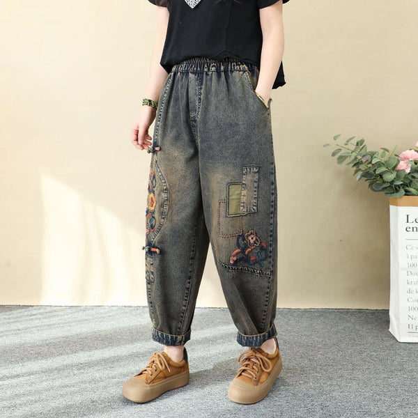 Embroidered Jeans For Women With Button Fly, Loose Wide Leg Denim Jeans For Everyday Style