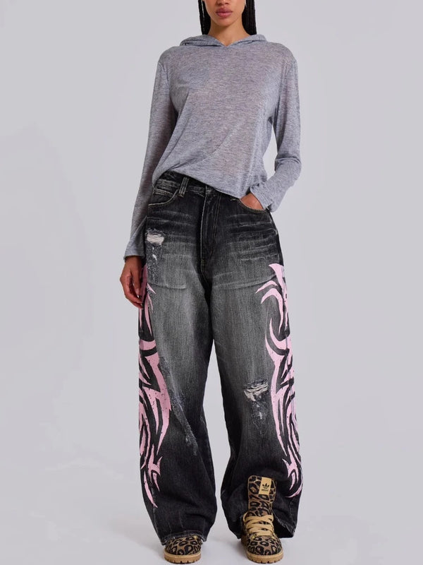 Gothic Punk Wide Leg Jeans For Women Harajuku Print Denim Streetwear Grunge Style Jeans