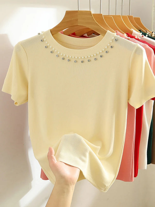 Korea Knitted Sleeveless Tank Top Women Casual Beading Thin Summer Tee