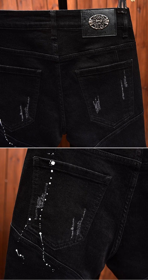 Retro Ripped Black Stretch Jeans Men's Casual Comfort Pants