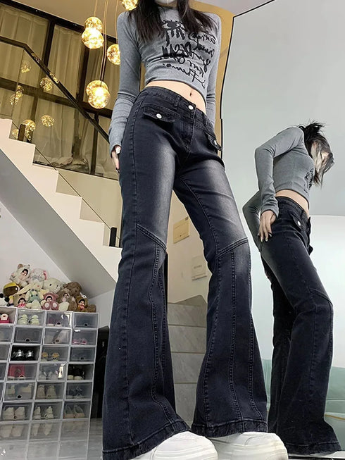 Casual Flare Jeans for Women - Embrace 90s Gyaru Fashion with Slim Fit Low Waist Bell Bottoms, Perfect for Fall Outfits and Black Jeans Outfit Inspo