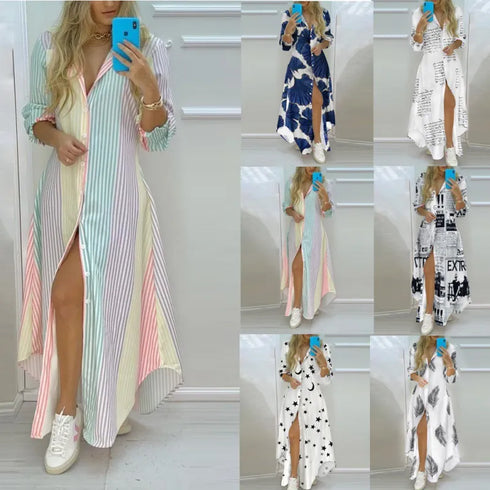 Bohemian Style Ankle-Length Maxi Dress with Long Sleeves for Women