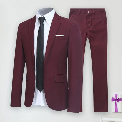 1 Set Men Jacket Pants Solid Color Turndown Collar Slim Fit Business Suit Set for Wedding Office