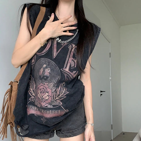 Gothic Punk Women's Distressed Sleeveless Tank Top - Stylish Y2K Streetwear for Summer with Unique Print Design