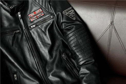 Vintage Genuine Leather Biker Jacket for Men – Slim Fit Cowhide Motorcycle Outerwear with Pockets and Embroidery Details for All Seasons