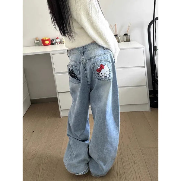 Pocket Embroidered Jeans for Women Retro Wide Leg Trendy Trousers