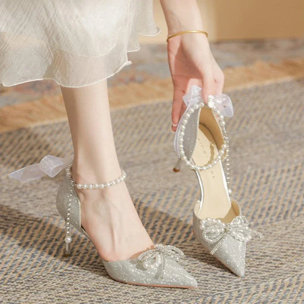 Elegant Women's Pointed Toe Bow Pearl Sandals - Chic Party Pumps