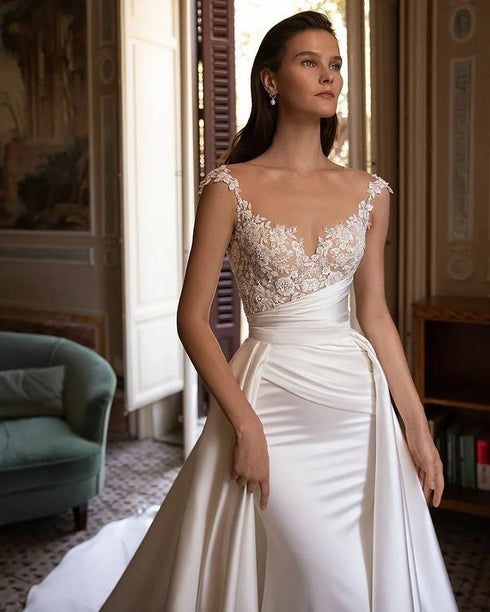 Gorgeous Country Mermaid Wedding Dress Cap Sleeves Lace Appliques