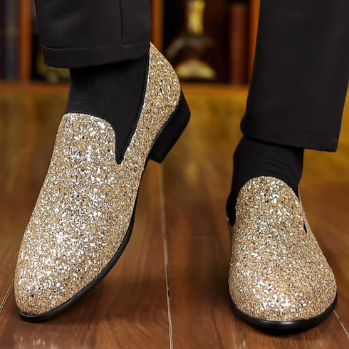 Elegant Men's Sequin Loafers for Weddings and Formal Parties - Designer Slip-On Flats with Pointed Toe and Comfortable PU Insole