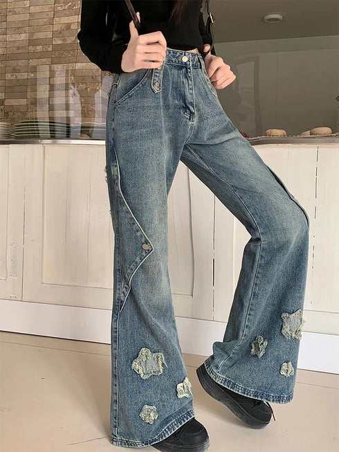Fashion Blue Denim Pants Women Embroidery Star High Waist Slim Bell Bottoms Streetwear Vintage Kpop