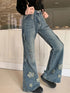 Fashion Blue Denim Pants Women Embroidery Star High Waist Slim Bell Bottoms Streetwear Vintage Kpop