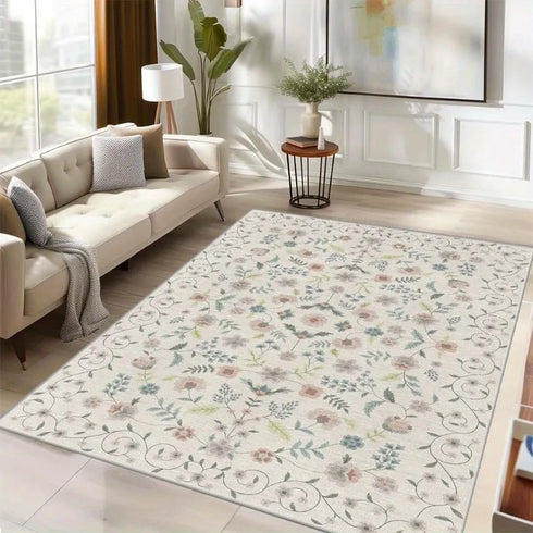 Non-Slip Soft Machine Washable Bohemian Floral Living Room Carpet Rug