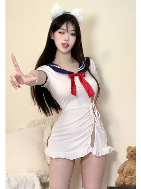 JK Pure Sailor Suit Sexy Open Waist Mini Dress for Women
