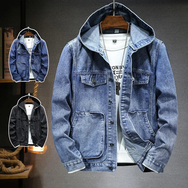 Casual Spring Men's Hooded Denim Jacket - Fashionable Sporty Outerwear for Everyday Wear