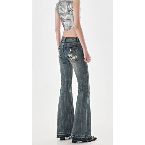 Vintage Y2K Inspired Low Waist Flare Jeans for Women - Perfect for Fall Outfits and High Street Style with Embroidery and Distressed Details