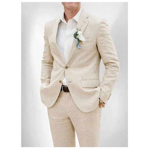 Chic Linen Suits for Men Casual Flat Front Single Breasted Blazer and Pants Outfit
