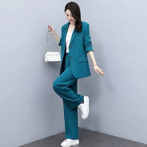 Chic Women's Blazer and Wide Leg Pants 2 Piece Set - Stylish Office Lady Casual Loose Suit Jacket and Trousers Outfit for Spring and Autumn