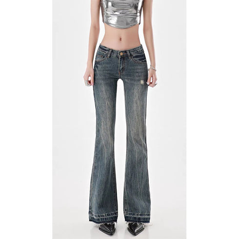 Vintage Y2K Inspired Low Waist Flare Jeans for Women - Perfect for Fall Outfits and High Street Style with Embroidery and Distressed Details