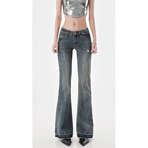 Vintage Y2K Inspired Low Waist Flare Jeans for Women - Perfect for Fall Outfits and High Street Style with Embroidery and Distressed Details