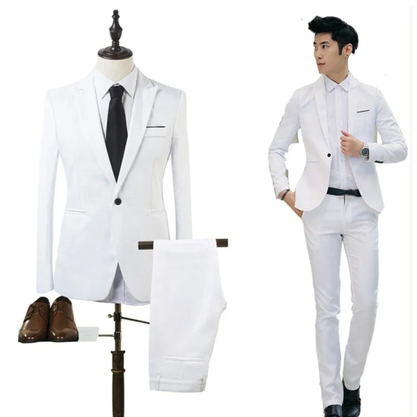 Men's Slim Fit Formal Blazer and Pants Set - Stylish Tuxedo Suit for Business and Wedding Events, Perfect for All Seasons
