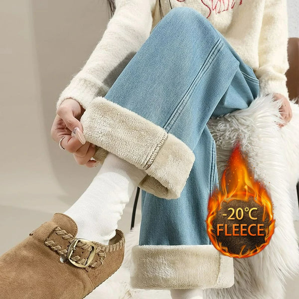 High Waist Wide Leg Jeans Women Fleece Lined Winter Thickened Straight Cut Loose Fit Denim Jeans