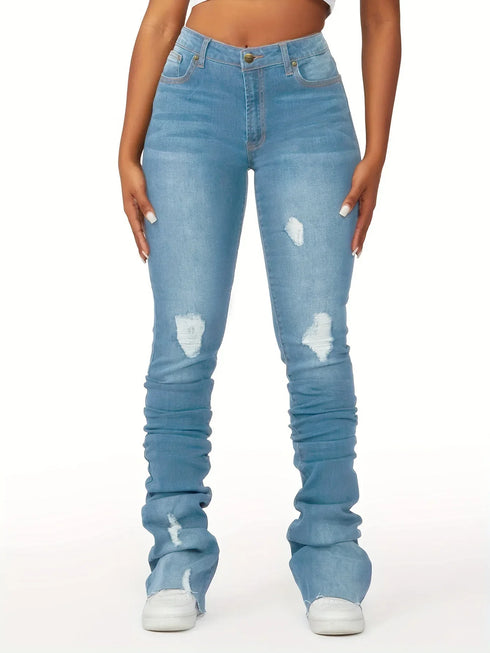 Washed Denim Straight Pants Women Ankle Length Jean Ripped Distressed Casual Skinny Vintage High Waist
