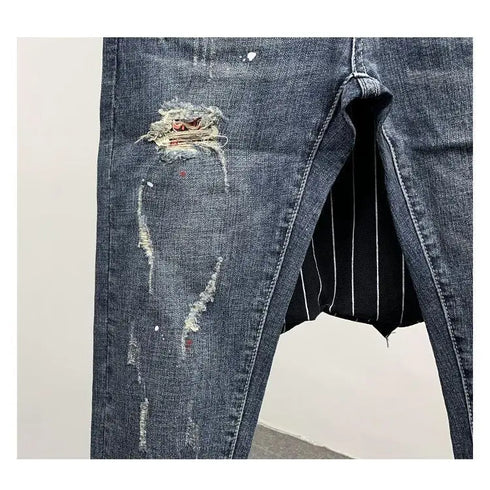 Korean Style Slim Men's Jeans with Cat Whisker Holes and Colorful Paint Splatters - Stylish Medium Wash Jeans for Casual Outfits