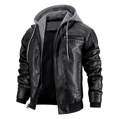 Men's Slim Fit Hooded PU Leather Motorcycle Jacket for Autumn and Winter - Windproof Detachable Hat Casual Biker Outerwear with Zipper Closure