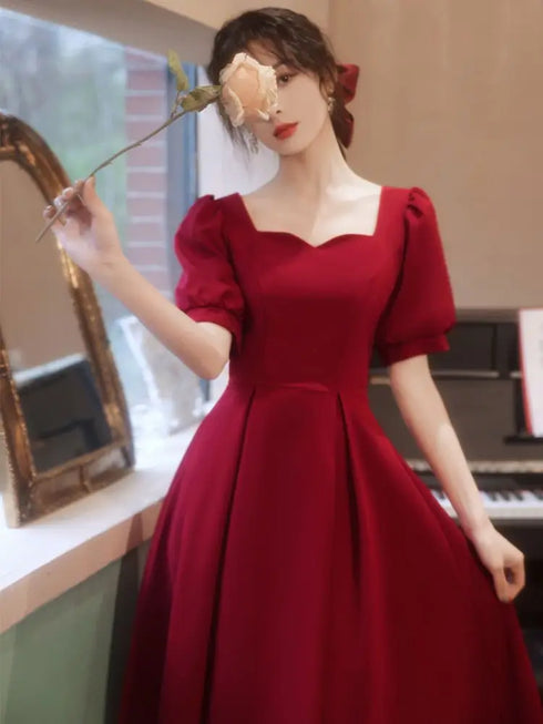 Elegant Red Midi Dress Women Summer Vintage Evening Party Dress Casual Fashion Formal Occasions One Piece Dress