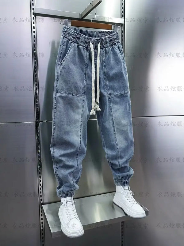 Men's Hip Hop Casual Denim Jogger Pants with Elastic Waist and Letter Print