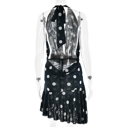 Sexy Deep V Neck Printed Polka Dot Halter Mini Dress for Women Elegant Summer Party Outfits