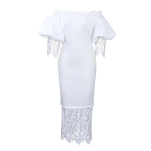 Trend Fashion Lace Midi Dress Women Off-Neck Bodycon Style