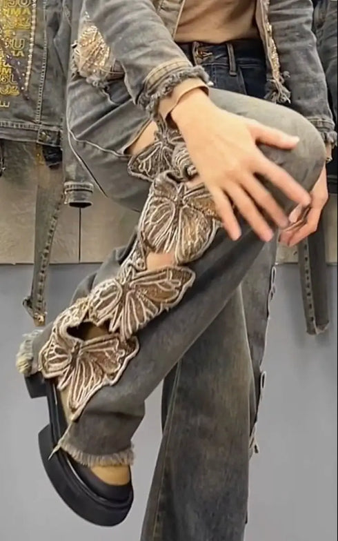 Y2K-Inspired Women's High Waist Denim Pants with Butterfly Embroidery - Loose Fit Straight Ripped Jeans Perfect for Streetwear and Fall Outfits with Jeans