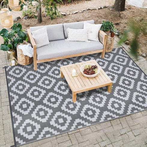 Outdoor Plastic Straw Rug Modern Geometric Waterproof Reversible Mat for Patio Porch Backyard Picnic