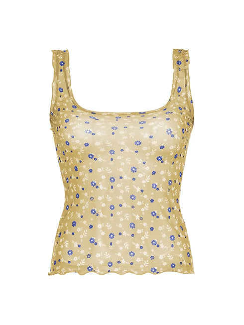 Floral Print Frills Mesh Crop Top Women Sweet Summer Tank Vest Camisole Korean Fashion