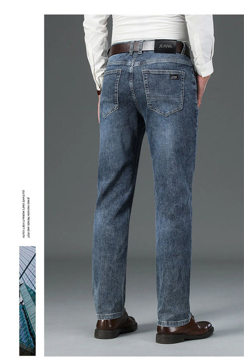 Men's High Waist Fit Straight Jeans Classic Vintage Cotton Trousers