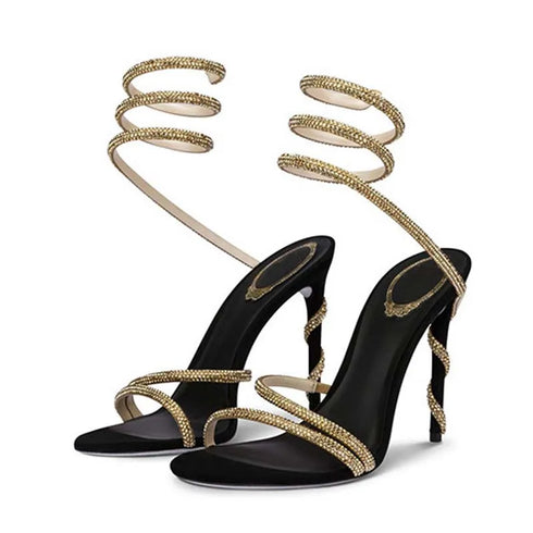 Crystal Rhinestone Open Toe Ankle Strap Sandals with Sexy Thin Heels for Parties and Prom