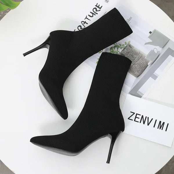 Stylish Stretch Ankle Sock Boots with Pointed Heels for Women
