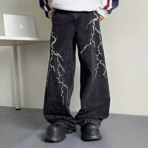 Cyber Y2K Embroidery Lightning Baggy Jeans Pants Men Hip Hop Vintage Trousers