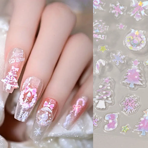 Adorable Pink Christmas Nail Art Stickers with Shiny Shells, Cute Snowflakes, Stars, and Wreaths - 5D Embossed Nail Decorations for Festive Nail Designs