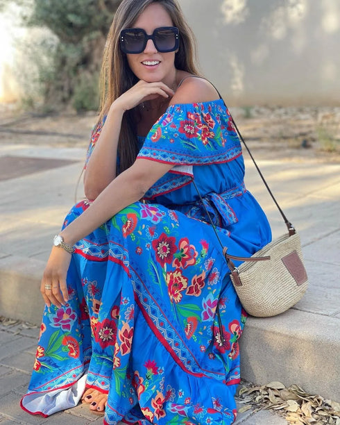 Elegant One-shoulder Short-sleeved Dress For Women Fashion Splicing Floral Print Dresses