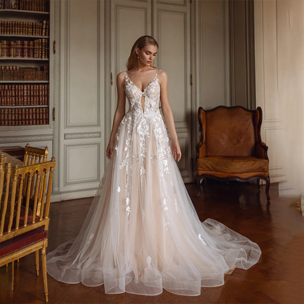 Customized A-Line Deep V-Neck Sleeveless Lace Appliques Tulle Wedding Dress Backless Button Bridal Gown