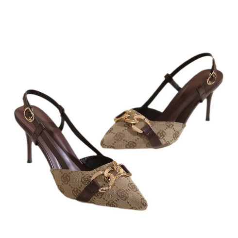 Women Pointed Toe Metal Buckle High Heel Anti Slip Sandals