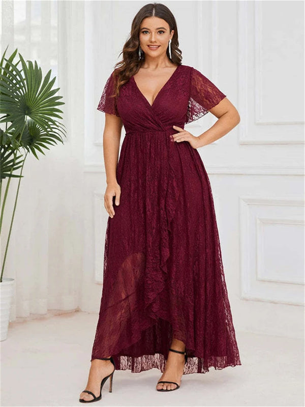 Plus Size Lace Asymmetrical Solid Dress Elegant Evening Wear